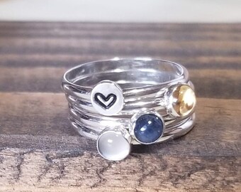 Anelli impilabili con pietre portafortuna e iniziali personalizzate, crea il tuo, argento sterling, anelli per la mamma, fedi personalizzate con timbro