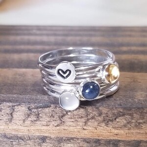 Custom Birthstone and Initial Stacking Rings, Build Your Own, Sterling Silver, Mom&#39;s Rings, Personalized Stamped Bands