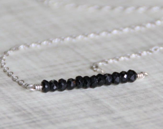 Black Spinel Gemstone Bar Necklace, Sterling Silver, Jet Black Necklace