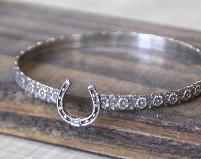 Horseshoe Sterling Silver Bangle Bracelet, Floral Pattern, Stacking Bracelet, Lucky Charm, Cowgirl Gift