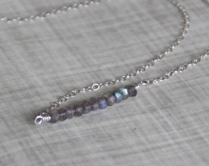 Labradorite Gemstone Bar Necklace, Sterling Silver, Blue Flash Grey Brown Necklace
