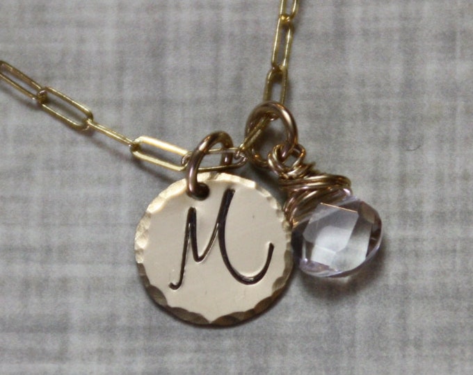 14k Gold Initial M Necklace, Gold Filled Script Letter Stamped Disk and Clear Quartz Wrapped Gemstone - Ready to Ship