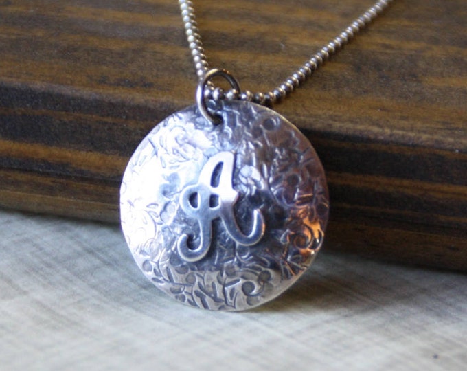 Initial A Necklace, Sterling Silver Textured Dome, Hand Stamped - READY TO SHIP