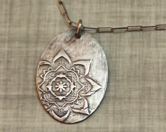 Moroccan Flower Necklace, Fine Silver and Sterling Silver, Precious Metal Clay, Medallion Floral Pendant