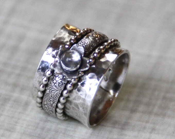Sterling Silver Flower Spinner Ring, Clear Quart Gemstone Flower Spinning Band, Personalized Jewelry, Hidden Message Ring, Fidget Ring