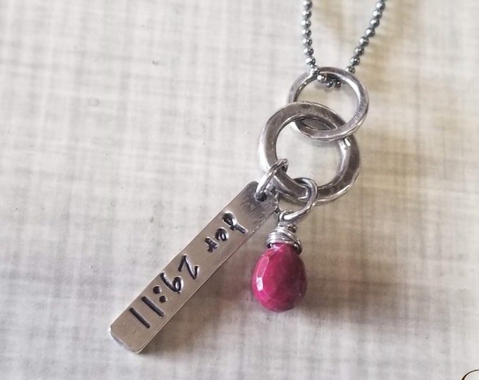 Name Bar Necklace with Birthstone, Sterling Silver Bar and Rings, Wire Wrapped Gemstone