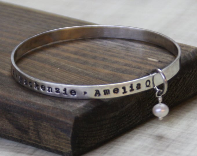 Mother's Bangle Bracelet with Pearl, Sterling Silver Names Bracelet, Personalized Message, Grandmas Bracelet, Hand Stamped Cuff