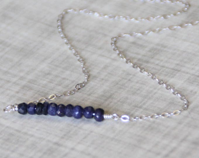 Blue Sapphire Gemstone Bar Necklace, Sterling Silver, September Birthstone Necklace