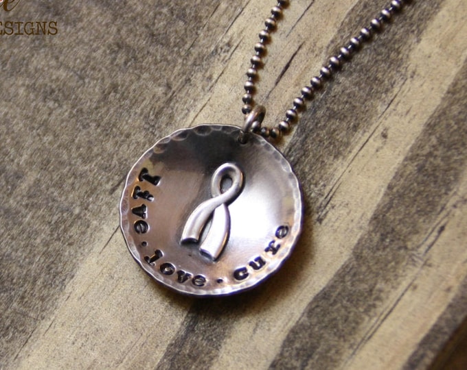 Breast Cancer Ribbon Necklace, Live, Love, Cure, Sterling Silver, Breast Cancer Awareness - READY TO SHIP