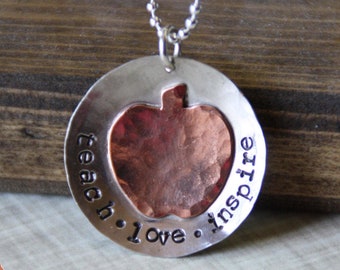 Sterling Silver and Copper Teachers Necklace, Apple, Teach, Love, Inspire Necklace, Teacher Gift