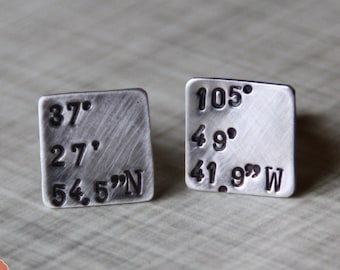 Personalized Cufflinks, Sterling Silver Square Coordinates Cuff Links, Brushed, Hand Stamped, GPS, Mens Jewelry, Custom Shirt Fasteners