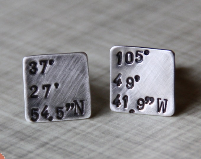 Personalized Cufflinks, Sterling Silver Square Coordinates Cuff Links, Brushed, Hand Stamped, GPS, Mens Jewelry, Custom Shirt Fasteners