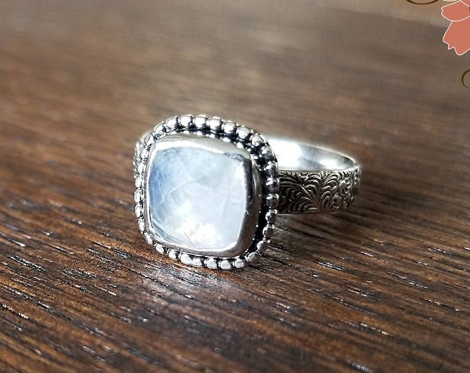 Sterling Silver Rainbow Moonstone Ring, Paisley Scroll Pattern, Cushion Cut, Blue Flash, Statement Ring