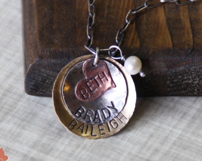 Moms Disk Necklace, Stacked Disk Name Necklace, Copper Heart, Sterling Silver, Brass & Pearl