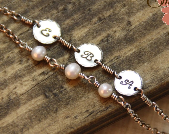 Mom Bracelet, Double Strand Bracelet, Hand Stamped Initials, Sterling Silver and Pearls, Mother's Bracelet