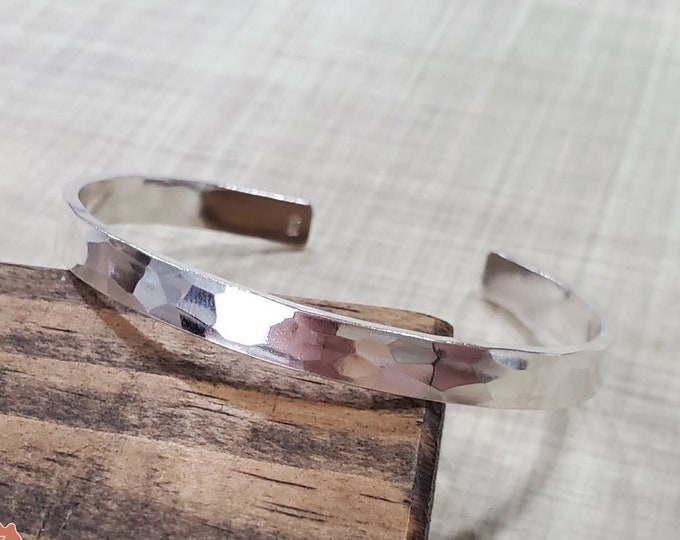 Thick Sterling Silver Cuff Bracelet, 6mm Hammered Cuff, Personalized Message, Hand Stamped Message Bangle