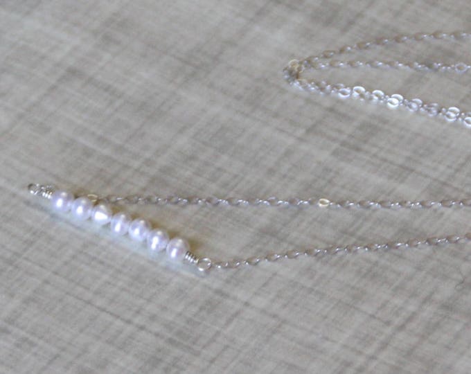White Pearl Bar Necklace, Sterling Silver, June Birthstone Necklace, Gemstone Bar