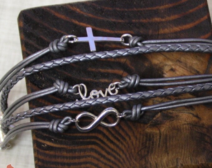Sterling Silver and Leather Multi Strand Bracelet, Faith Love Infinity Layered Bracelet, Cross Bracelet, Women's Multi-Strand Bracelet