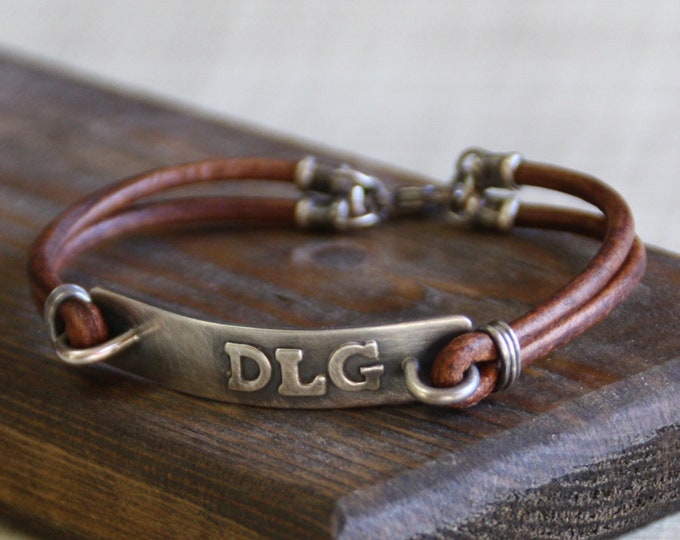 Sterling Silver Bar Bracelet, Personalized Leather Bracelet, Initials or Monogram, Hidden Stamped Message