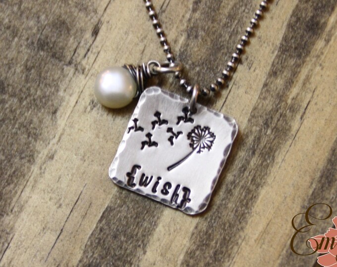 Dandelion Wish Necklace, Sterling Silver, Freshwater Pearl, Inspirational Necklace, Silver Square, Handstamped Gift - READY TO SHIP