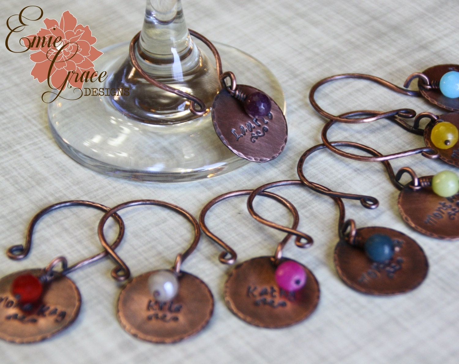 Copper Custom Wine Charms Set Hand Stamped Rustic Names Etsy