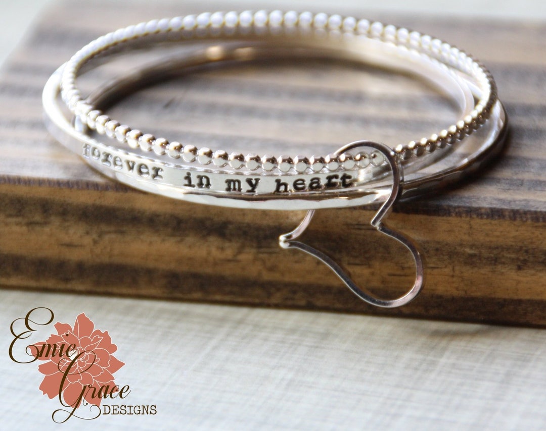 Forever in My Heart Bracelet Set, Sterling Silver Bangles With Heart ...