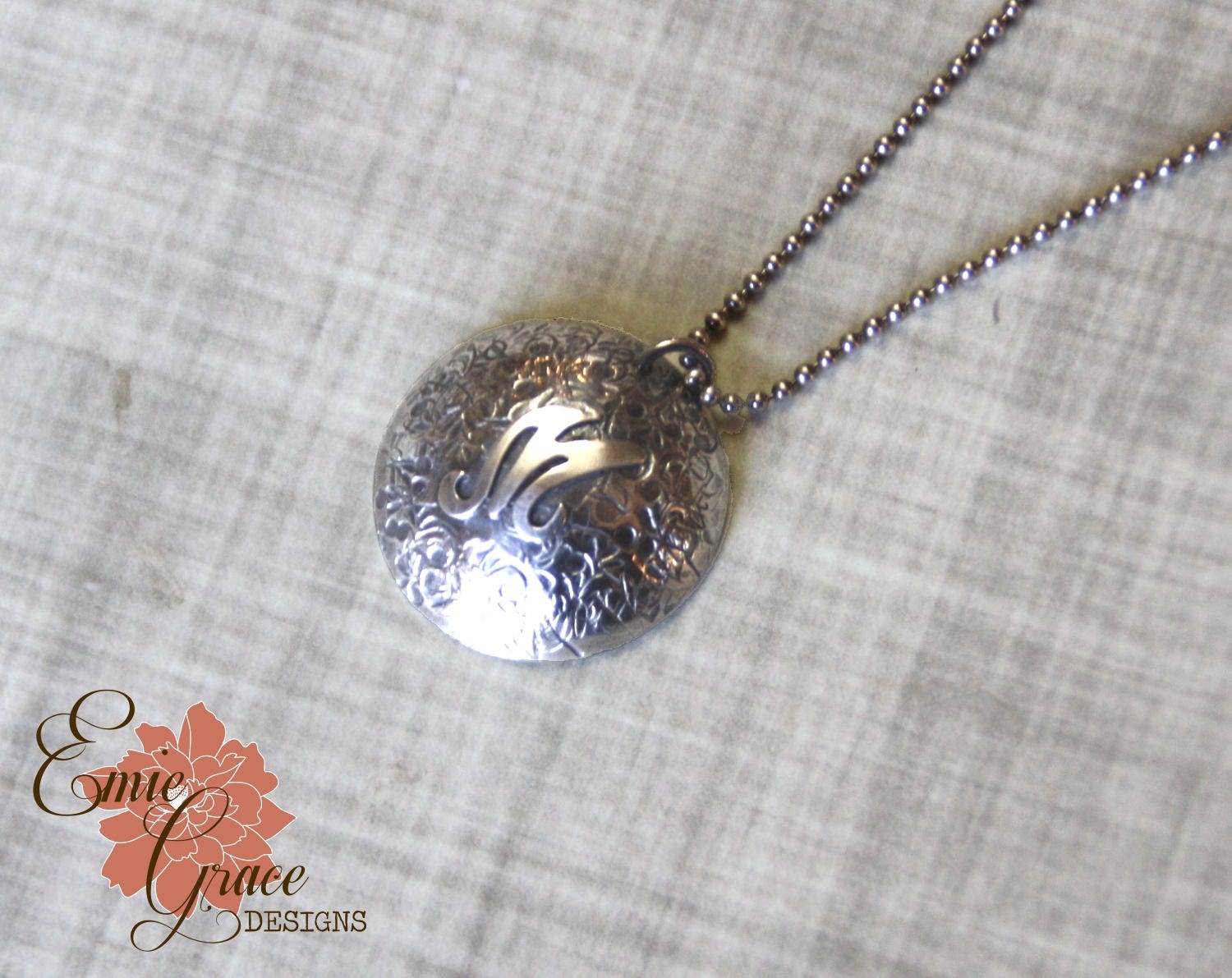 Initial M Necklace, Sterling Silver Textured Dome, Hand Stamped - READY