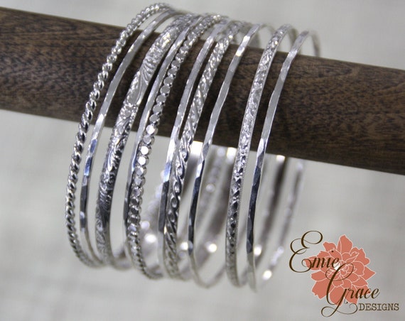 Bangle Bracelet Set of Ten, Sterling Silver Stacking Bangles, Dot, Floral,  Twist. Weave, Leaf and Skinny Hammered - Etsy