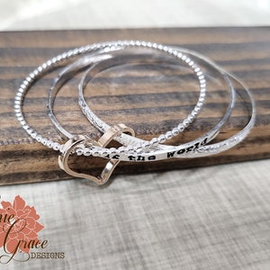 Sterling Silver Personalized Bracelet Set, Yellow Gold Filled Heart, Custom Message Bangle Set, Three Bangles, Hand Stamped image 8