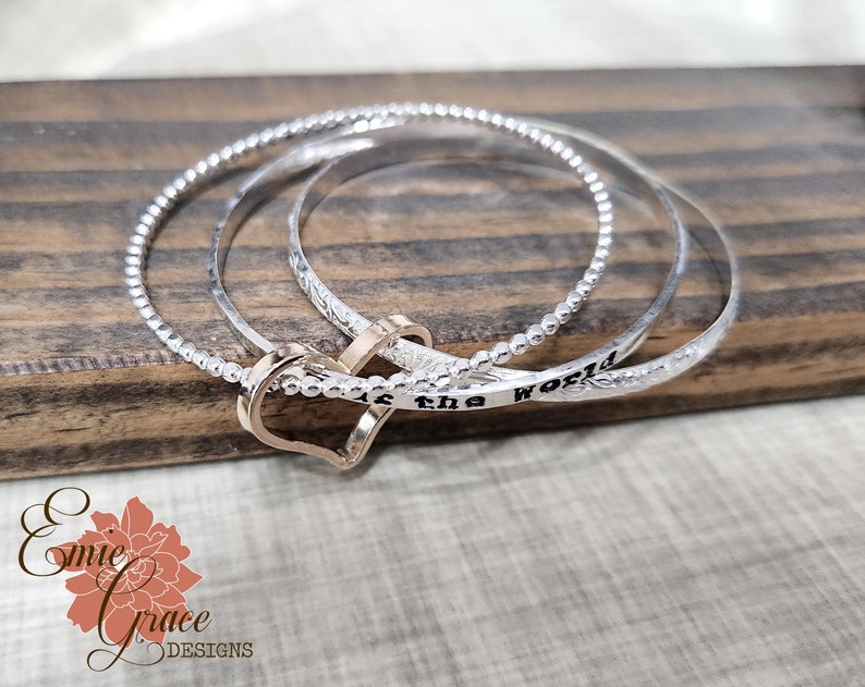 Sterling Silver Personalized Bracelet Set, Yellow Gold Filled Heart, Custom Message Bangle Set, Three Bangles, Hand Stamped image 8