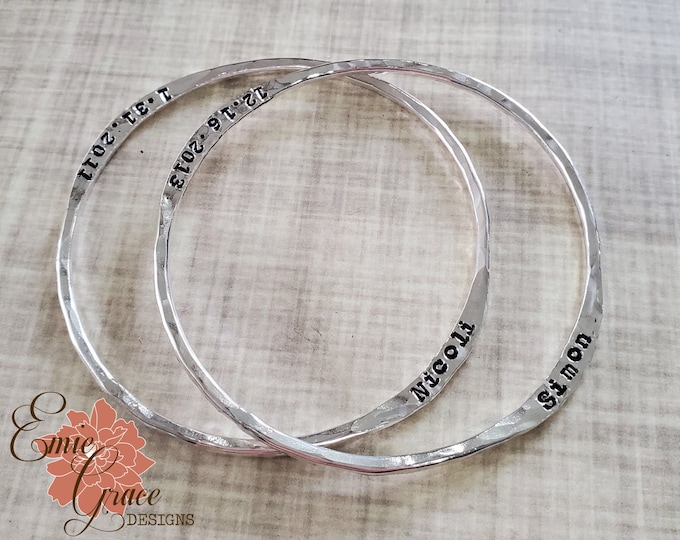 Mothers Names Bracelet, Sterling Silver Bangle, Grandma's Bracelet, Hand Stamped Name, Birthdate, Personalized