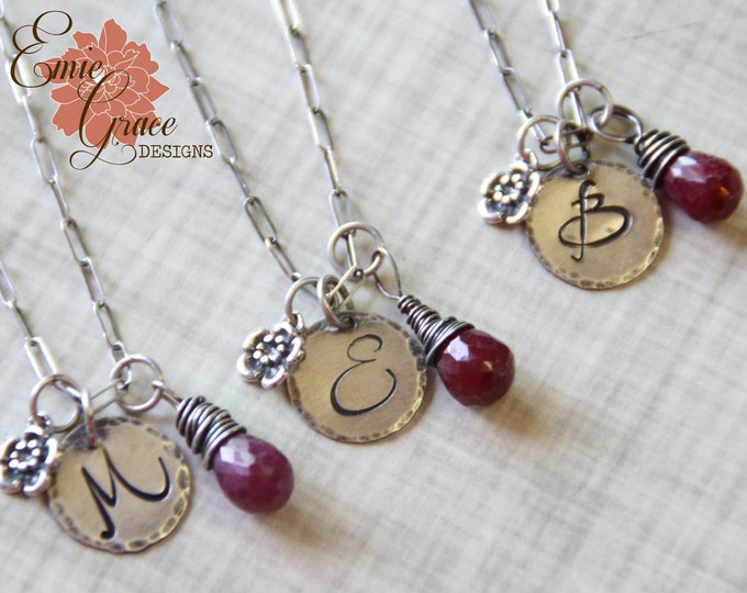 Sterling Silver Initial and Flower Necklace, Stamped Monogram and Birthstone, Bridesmaid Gift