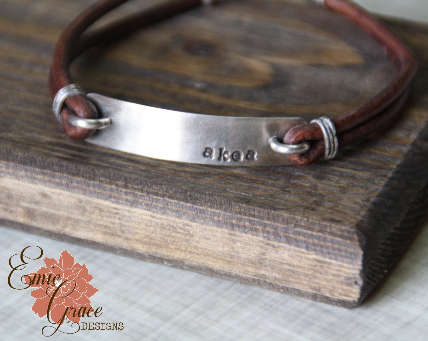 Men's Leather Bracelet, Sterling Silver Bar, Personalized Jewelry, Monogram, Hand Stamped Message