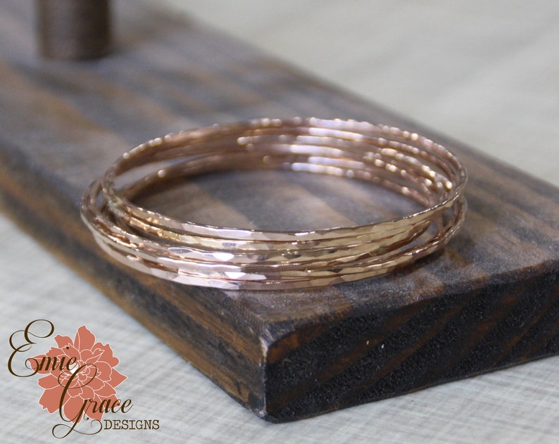 14K Solid Rose Gold Bangle Bracelet, Individual Bangle, Hammered Thin ...