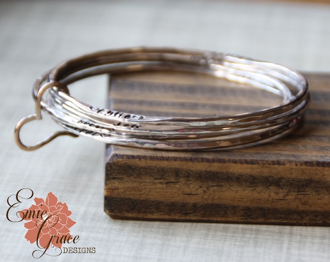 Yellow Gold Filled Heart Bracelet, Sterling Silver Bangle Set, Mother's Names and Birthdates, Grandma's Personalized Gift, Hand Stamped