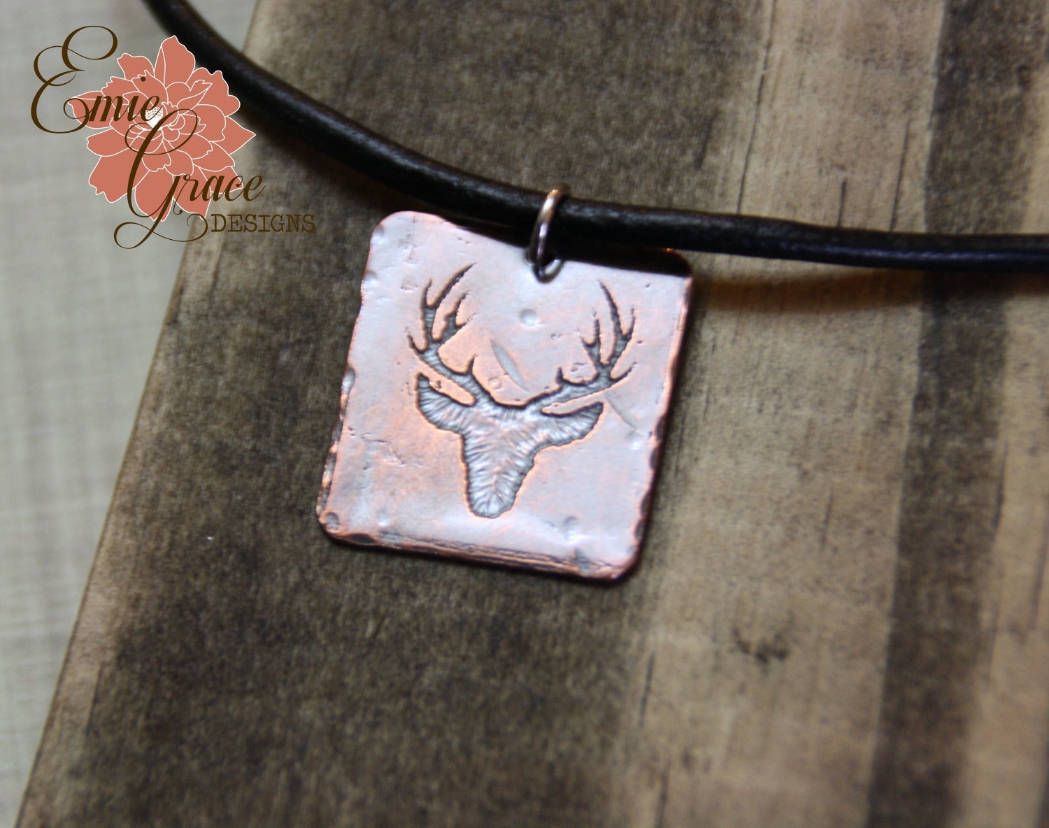 Copper Etched Deer Head Necklace, Sterling Silver, Copper, Leather Cord