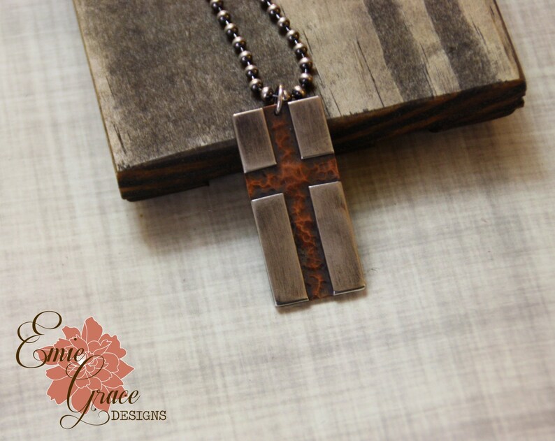 Cross Dog Tag Necklace Sterling Silver and Copper Rustic Etsy