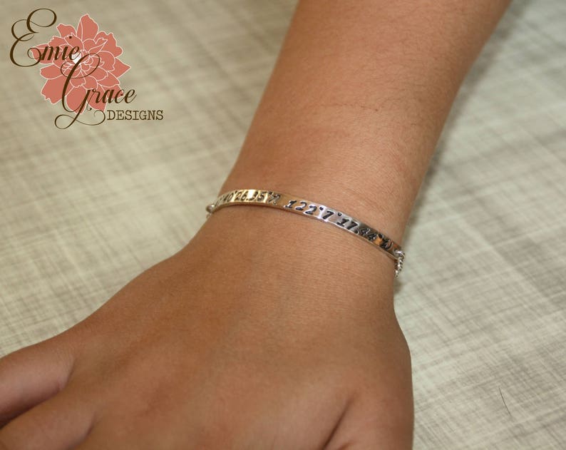 Hand Stamped Jewelry with Coordinates Personalized Message Sterling Silver Bar Bracelet