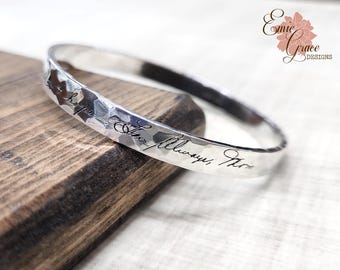 Engraved Handwriting Hammered Silver Bangle, 6mm Sterling