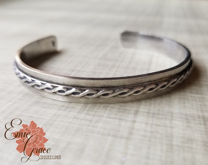 Thick Sterling Silver Cuff Bracelet, 8mm Weave Cuff Bracelet, Personalized Cuff, Custom Message, Hand Stamped