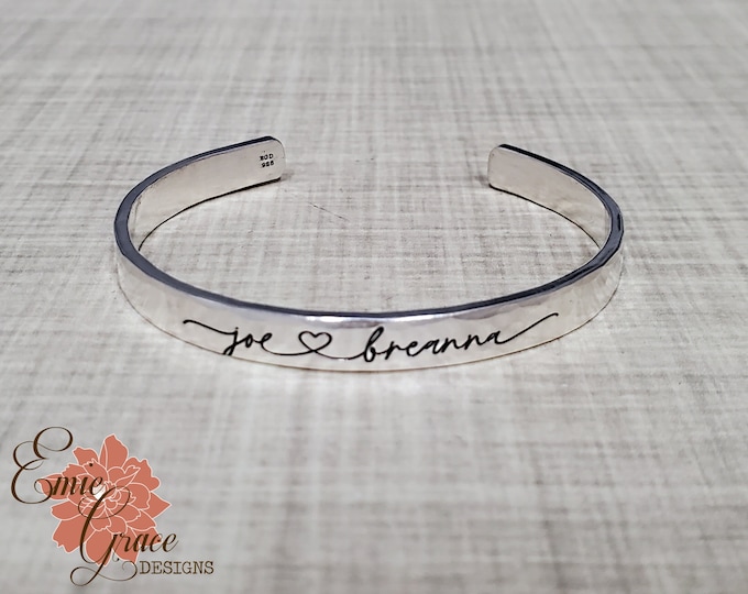 Sterling Silver Couple Names Cuff Bracelet, 6mm Engraved Bangle, Hammered, Personalized Message, Wedding, Bridal Shower, Engagement Gift