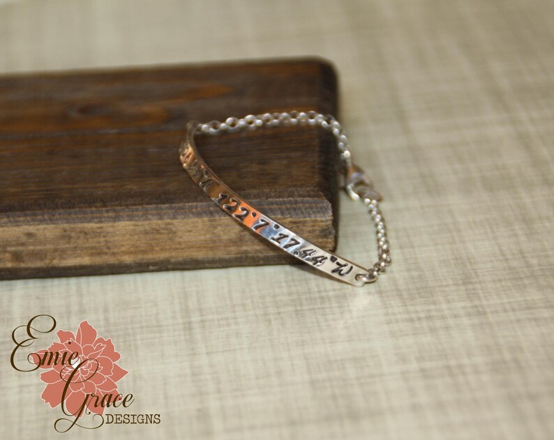 Hand Stamped Jewelry with Coordinates Personalized Message Sterling Silver Bar Bracelet