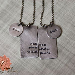 Her One, His Only Necklaces, Sterling Silver Couple's Dog Tag Necklace Set, Hand Stamped image 3