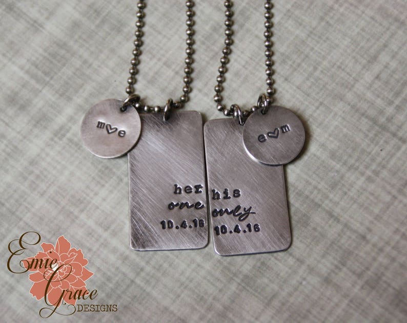 Her One, His Only Necklaces, Sterling Silver Couple's Dog Tag Necklace Set, Hand Stamped image 3