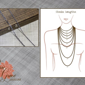 May include: Two silver chains, labelled A and B, are shown on a wooden surface. A diagram shows the different lengths of chains, from 16 inches to 36 inches, on a woman's neck. Chain Lengths is the text at the top of the diagram.