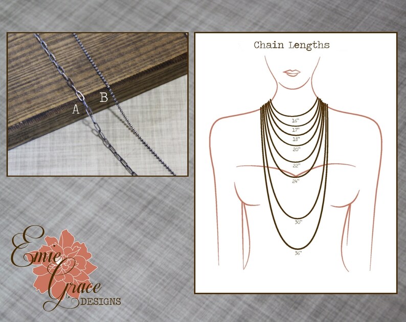 May include: Two silver chains, labelled A and B, are shown on a wooden surface. A diagram shows the different lengths of chains, from 16 inches to 36 inches, on a woman's neck. Chain Lengths is the text at the top of the diagram.