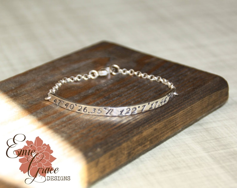 Hand Stamped Jewelry with Coordinates Personalized Message Sterling Silver Bar Bracelet