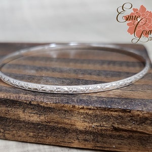 Sterling Silver Tiny Leaf and Flower Bangle Bracelet, Individual Bangle,  Stacking Bangle, Floral Silver Bracelet
