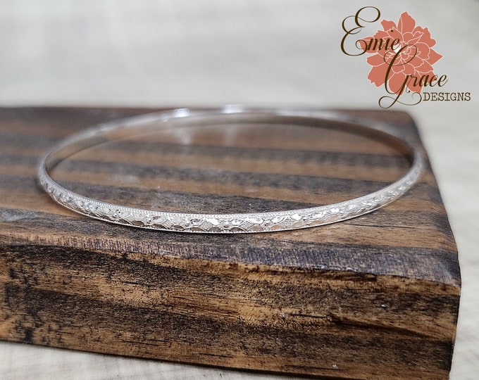 Sterling Silver Tiny Leaf and Flower Bangle Bracelet, Individual Bangle,  Stacking Bangle, Floral Silver Bracelet