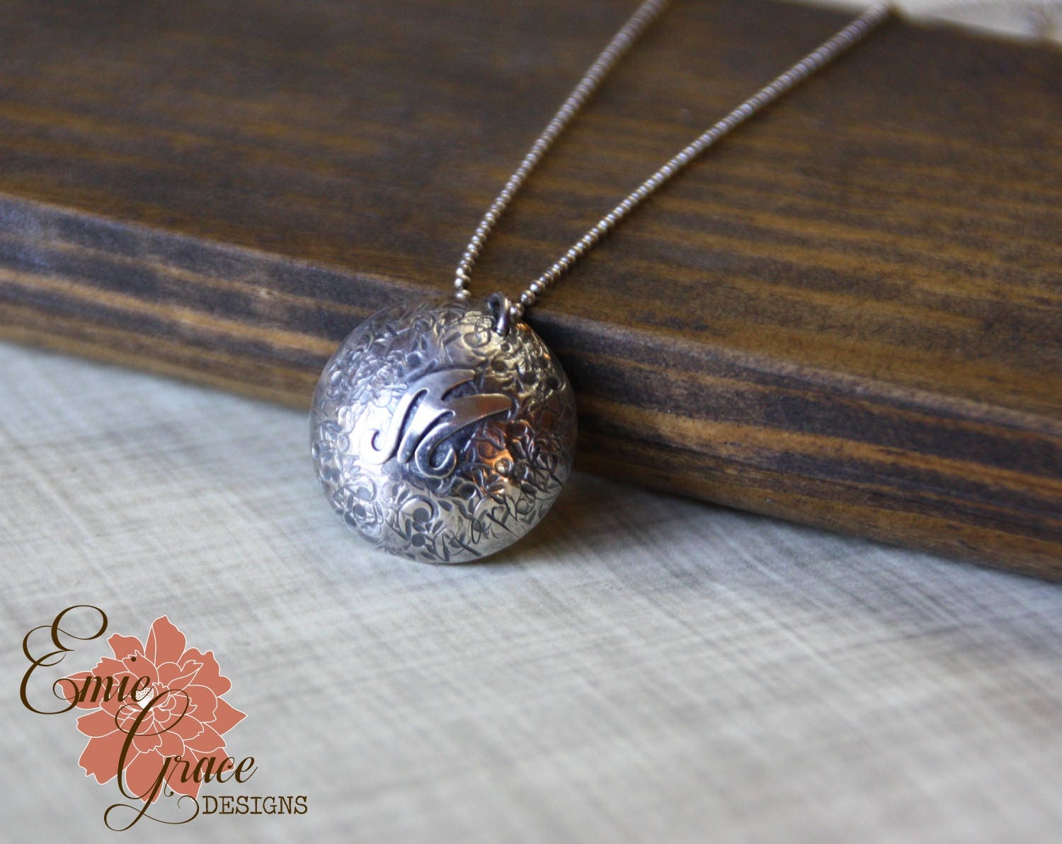 Initial M Necklace, Sterling Silver Textured Dome, Hand Stamped - READY